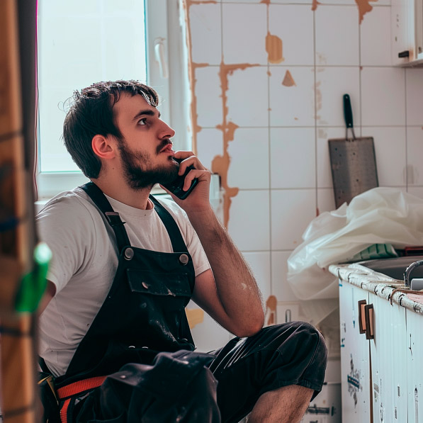 Ein Handwerker in Latzhose sitzt in einer renovierungsbedürftigen Küche und telefoniert. Um ihn herum sind unverputzte Wände und Werkzeuge sichtbar.